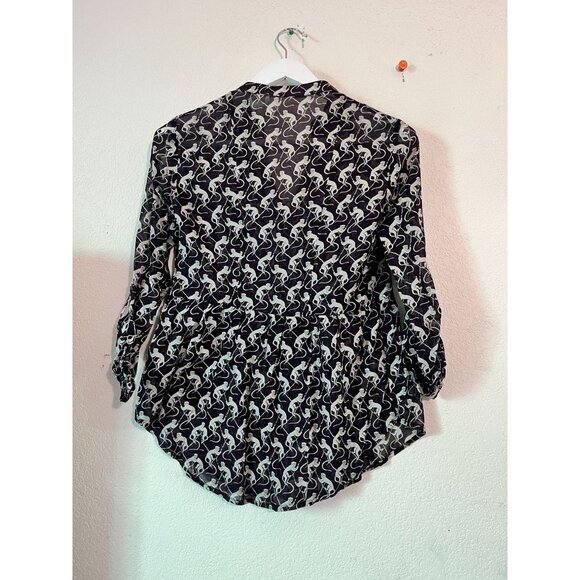 Maeve Womens Black White Monkey Print Button-Up Blouse Size 0 Pleated 3/4 Sleeve - Picture 4 of 9